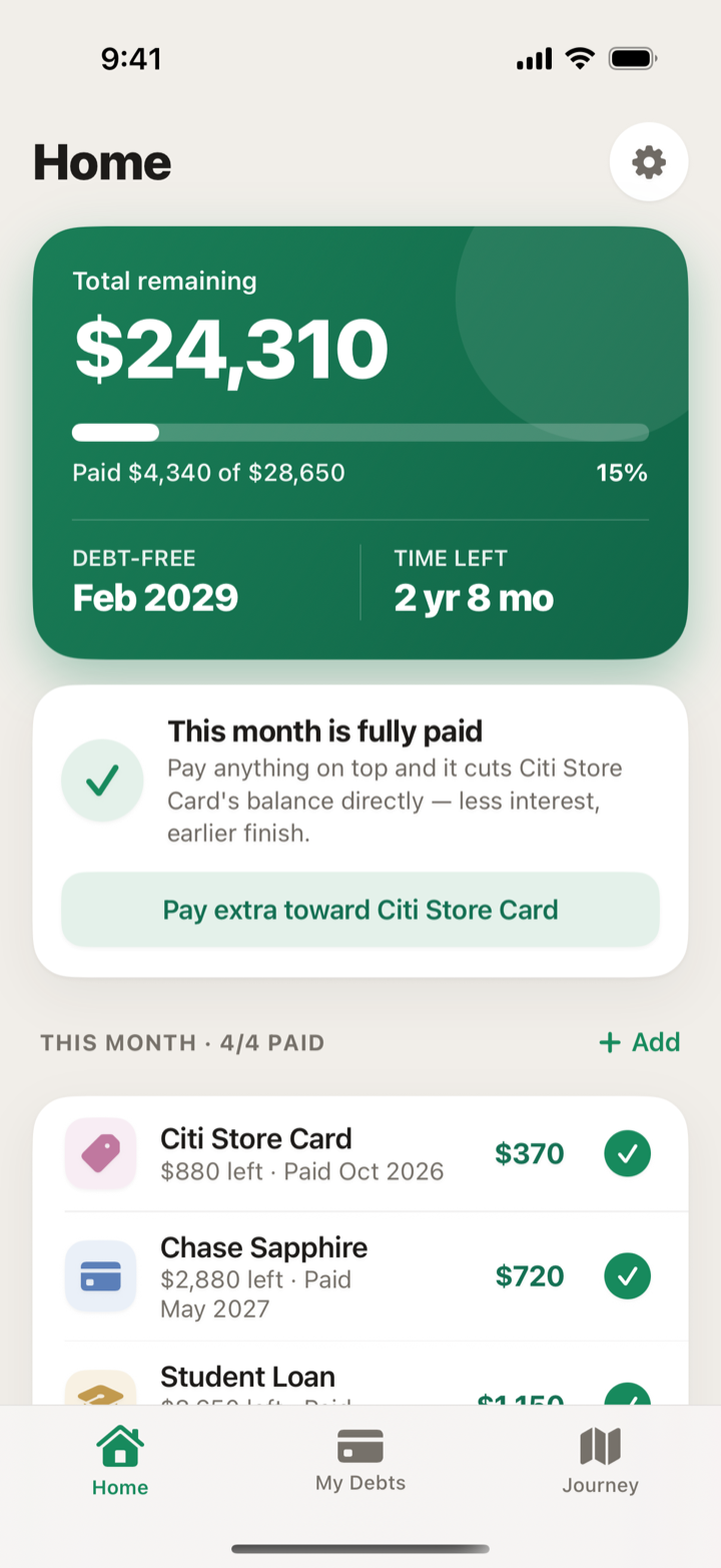 Debt Payoff home screen showing total remaining balance, debt-free date, and this month's payments