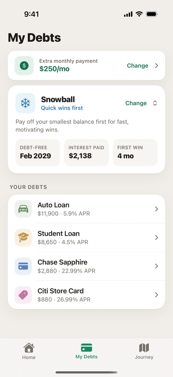 My Debts screen with snowball strategy and debt list