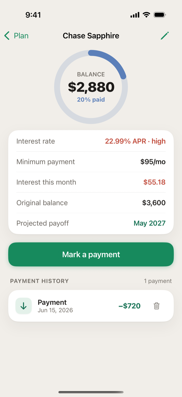 Debt detail screen
