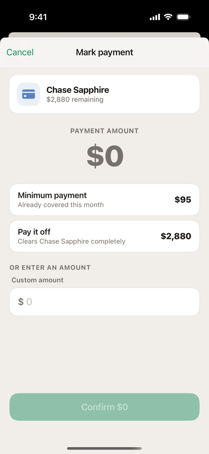 Mark a payment screen